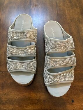 Chelsea & Violet Nude Jeweled Triple-Strap Slide Mules